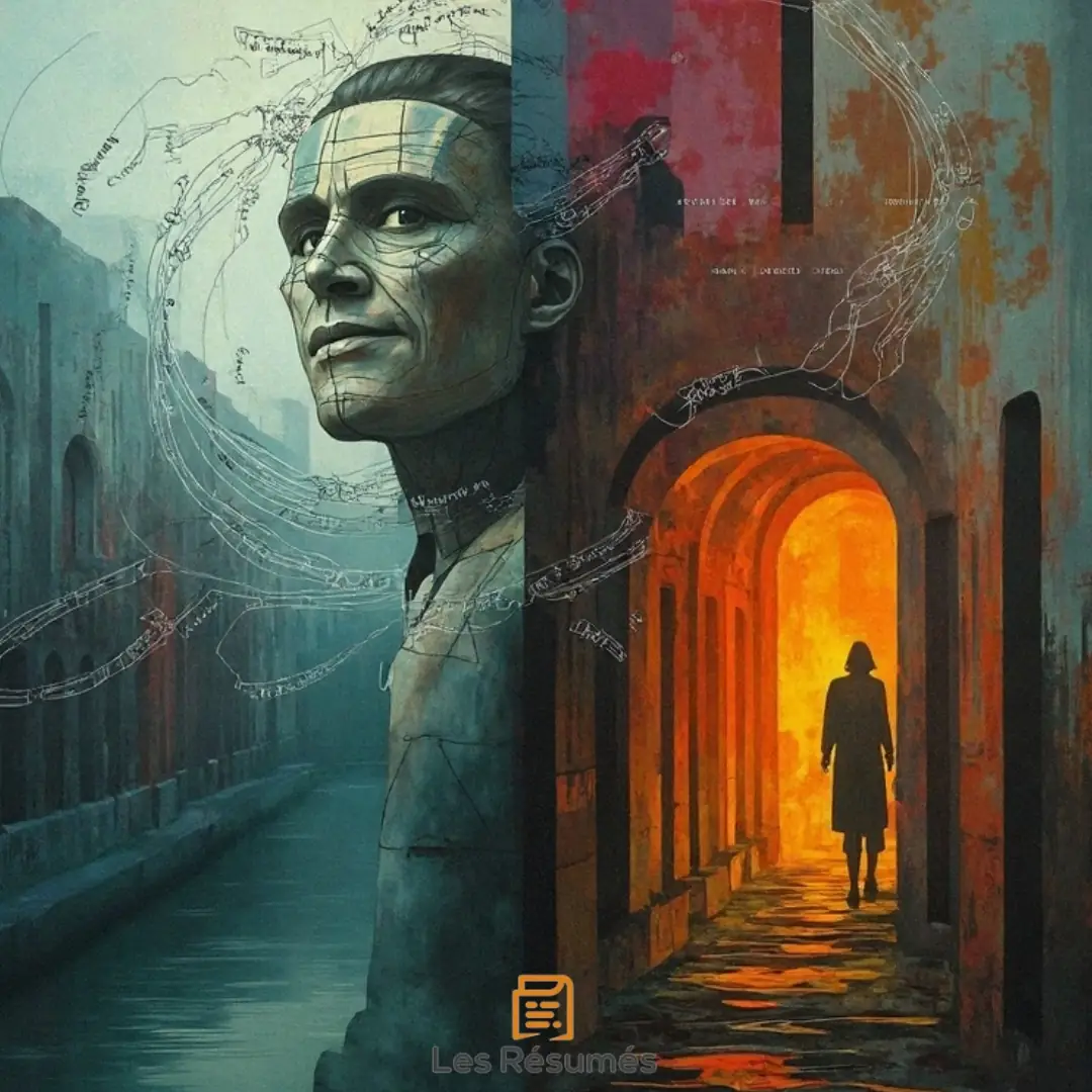 Un visage masculin fusionnant avec des esquisses et un canal, à côté d’une silhouette s’engouffrant dans une arche enflammée, illustrant la fluidité du temps et de la mémoire dans Alcools.