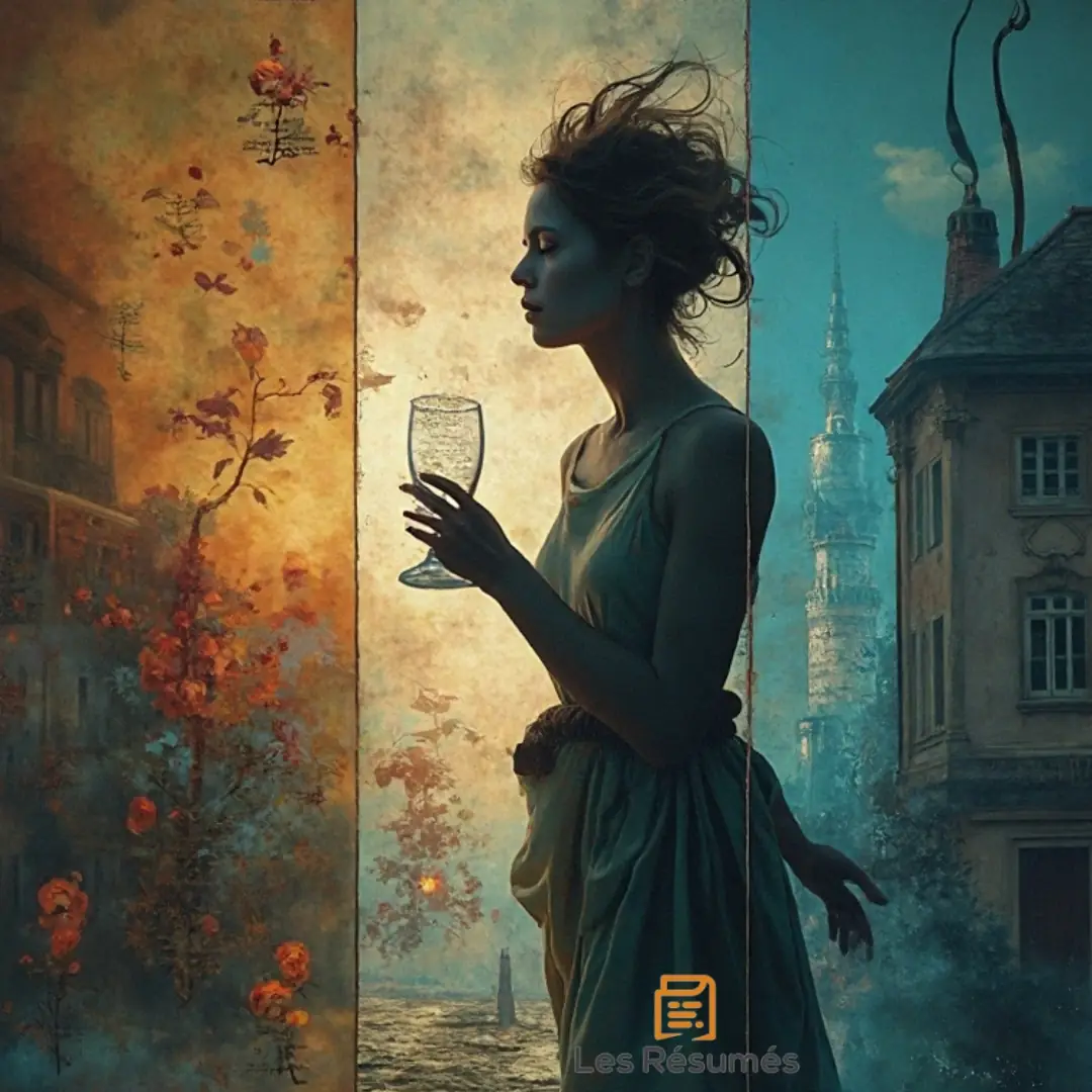 Une femme tenant un verre de vin entre deux univers contrastés, métaphore des thèmes d’Apollinaire : mélancolie, fête et transformation poétique.