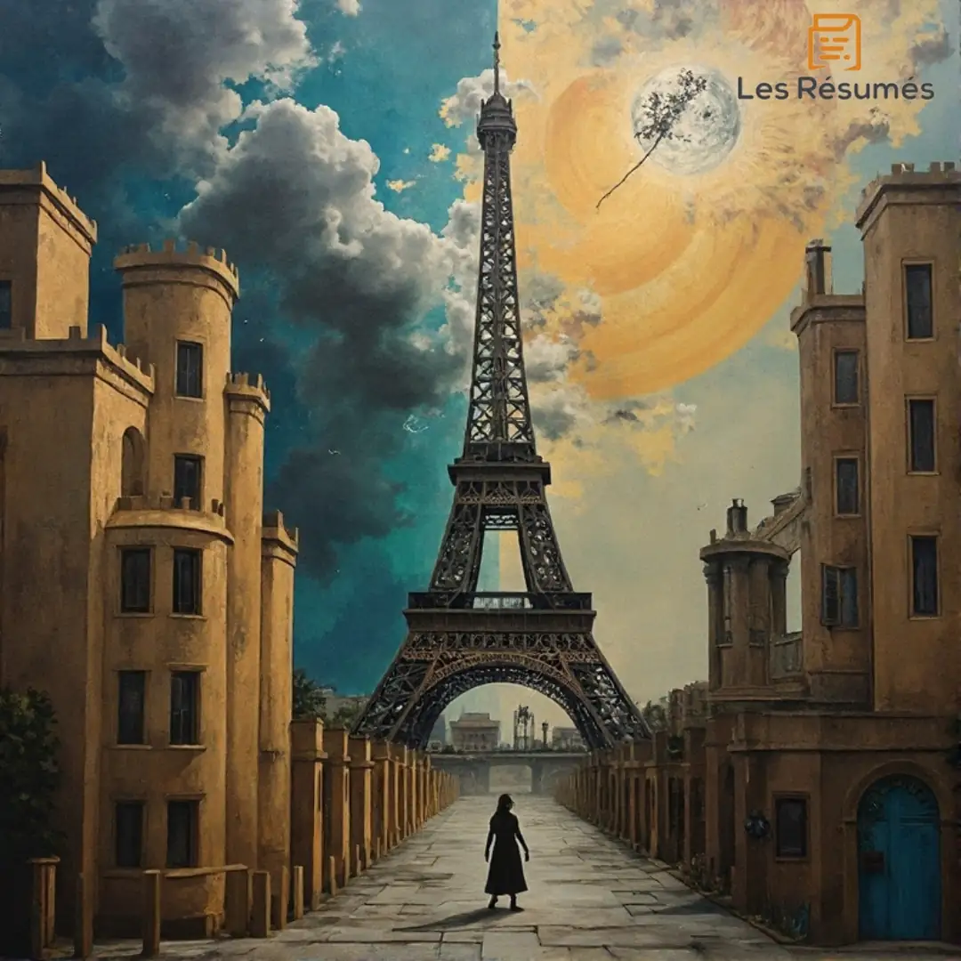 Une silhouette marchant vers la Tour Eiffel dans une atmosphère onirique, représentant Zone, poème d’ouverture d’Alcools, où modernité et tradition s’entrelacent.