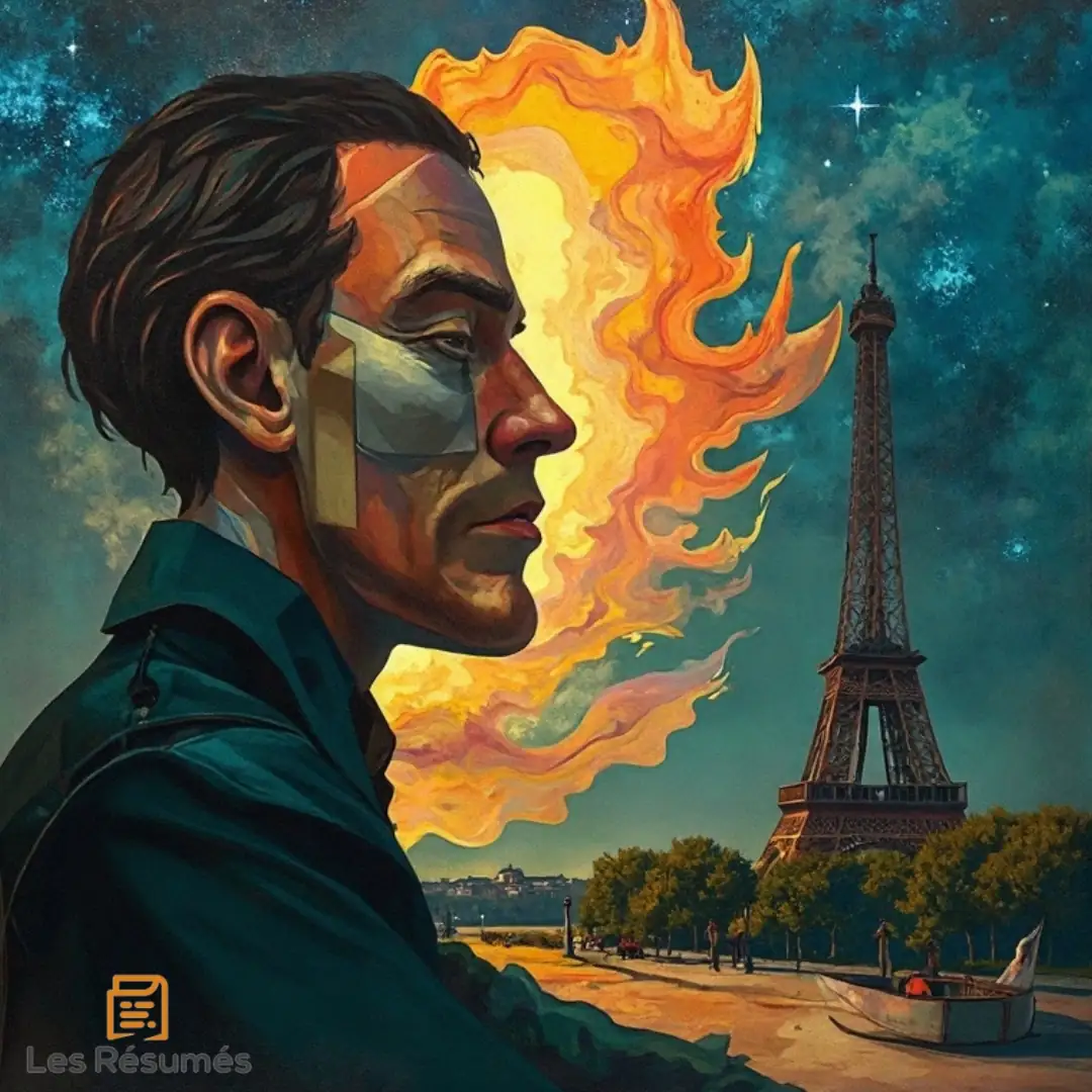 Portrait stylisé d’Apollinaire avec un visage fragmenté et une flamme derrière lui, symbolisant la modernité poétique et l’ivresse créatrice d’Alcools.