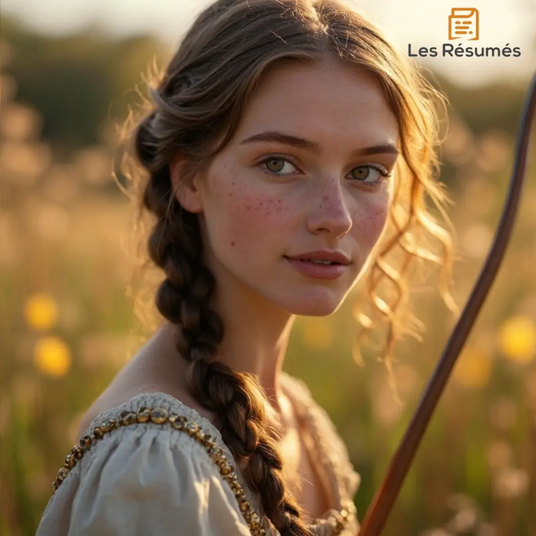 Marie, vêtue d’une robe ornée, avec un arc en main, évoquant la métaphore cynégétique du chasseur et de la proie dans la poésie amoureuse de Ronsard.