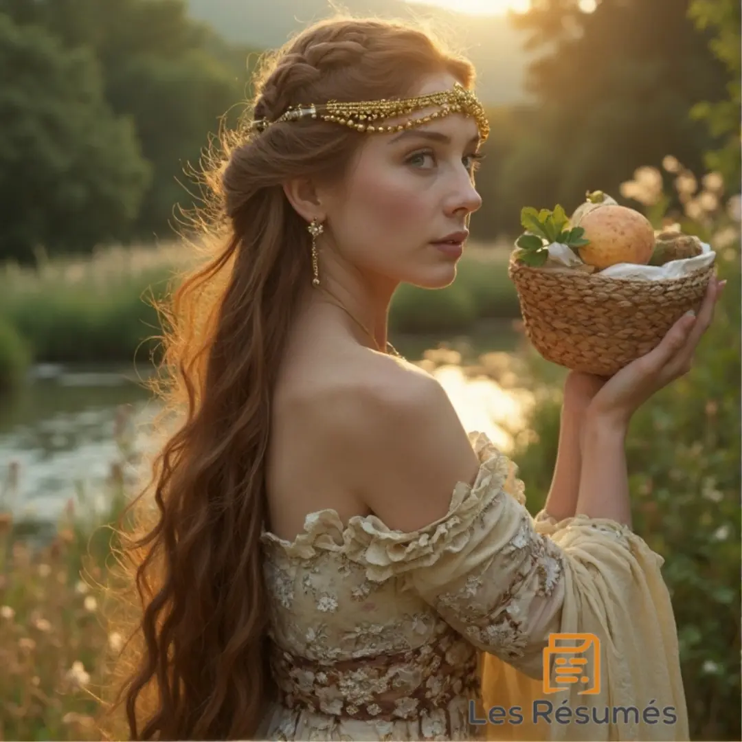 Jeune femme en robe champêtre tenant un panier de fruits près d’une rivière, incarnant l’amour simple et naturel célébré par Ronsard.