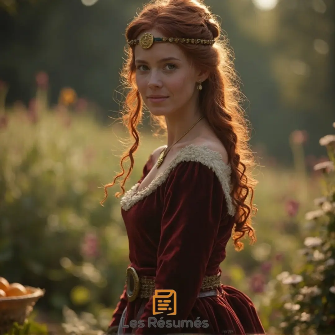 Une femme en robe Renaissance rouge, dans un jardin fleuri, évoquant la sensualité et la tendresse des vers dédiés à Marie dans Les Amours.