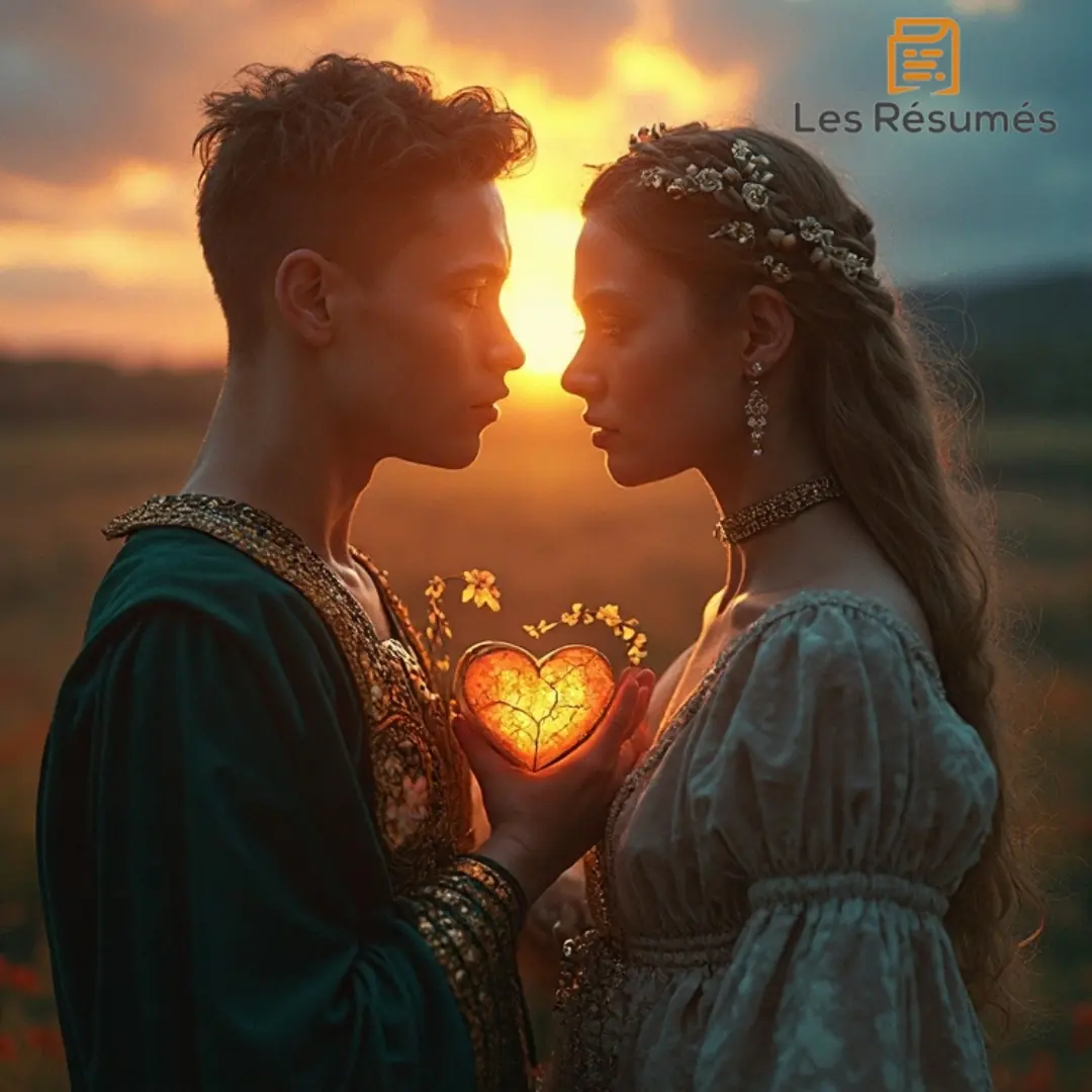 Deux jeunes amants en tenue Renaissance se regardant intensément au coucher du soleil, tenant un cœur lumineux, symbole de l’amour idéalisé dans Les Amours de Ronsard.