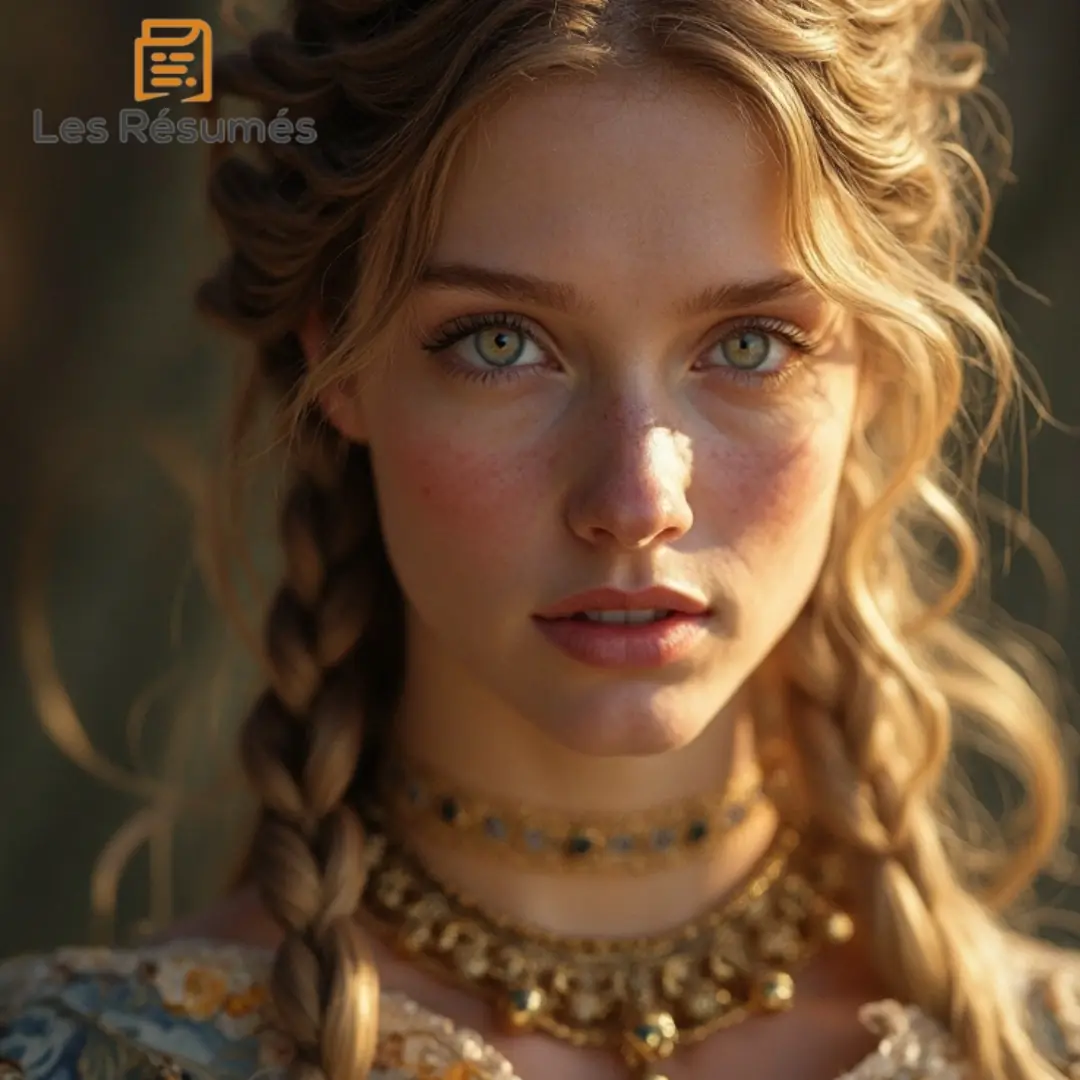 Portrait rapproché d’une jeune femme aux cheveux blonds et tressés, parée de bijoux dorés, incarnant l’idéal néoplatonicien de la donna angelicata.