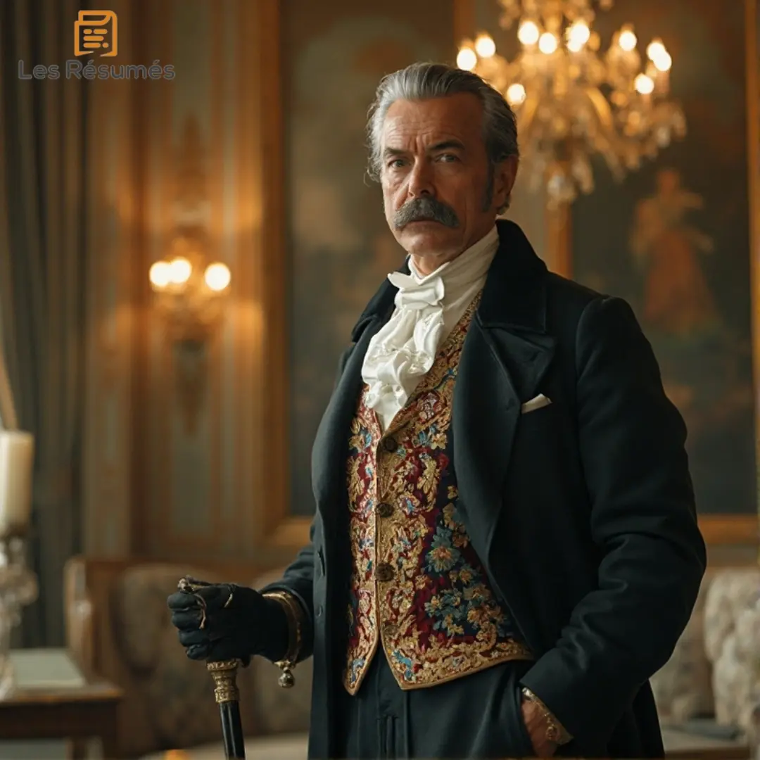 Photo de Palamède de Charlus, veste brodée colorée et canne en main.