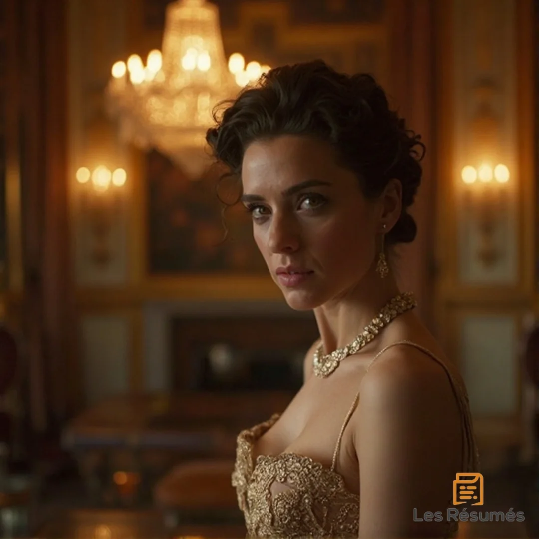 Photo d'Odette e Crécy, la mère de Gilberte, en robe dorée, bijou scintillant et chandelier en arrière-plan.