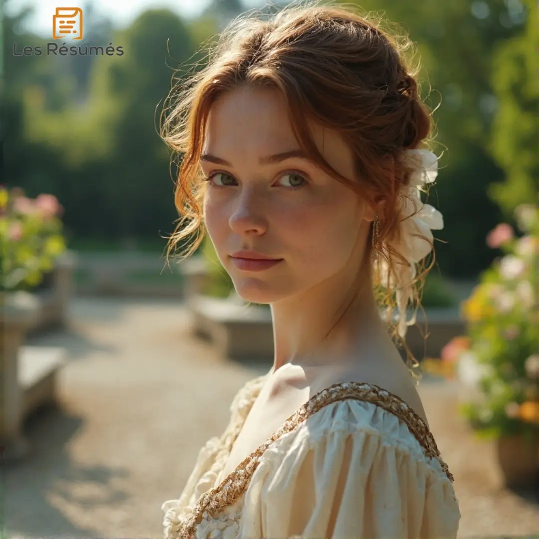 Photo de Gilberte en robe claire, dans un jardin fleuri, qui incarne l'idéal romantique pour le narrateur de à la recherche du temps perdu.