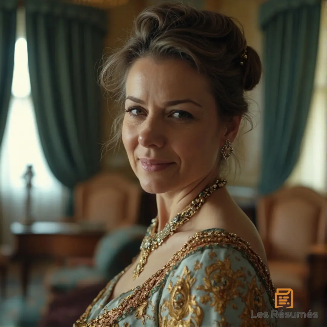 Photo de Madame Verdurin, en robe brodée, portant un collier doré.