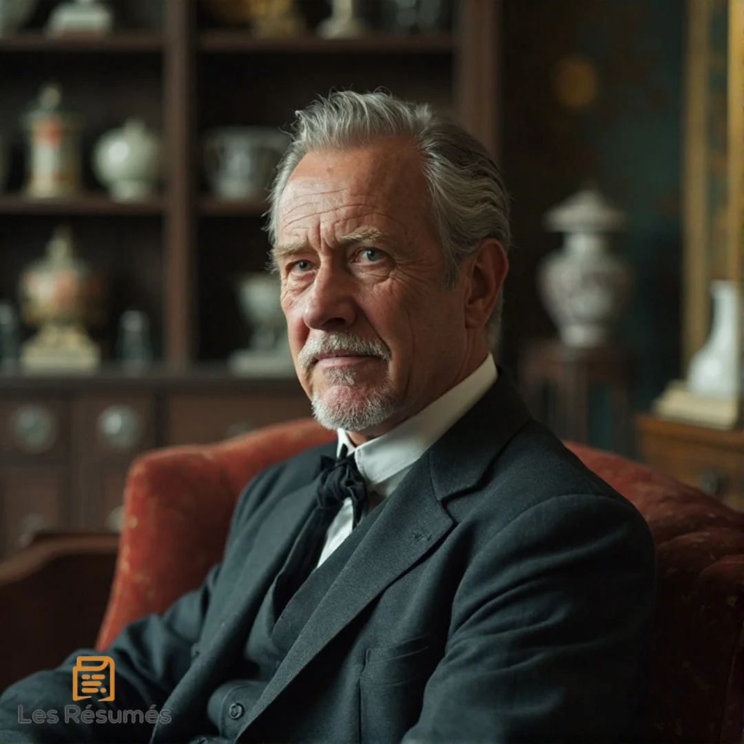 Photo de Monsieur Verdurin, dans à la recherche du temps perdu, en costume, assis dans un fauteuil, décor élégant en arrière-plan.