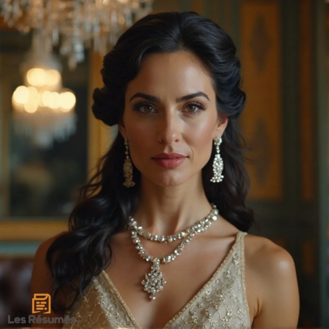 Photo d'Oriane, la duchesse de Guermantes, en robe dorée, ornée de bijoux étincelants.