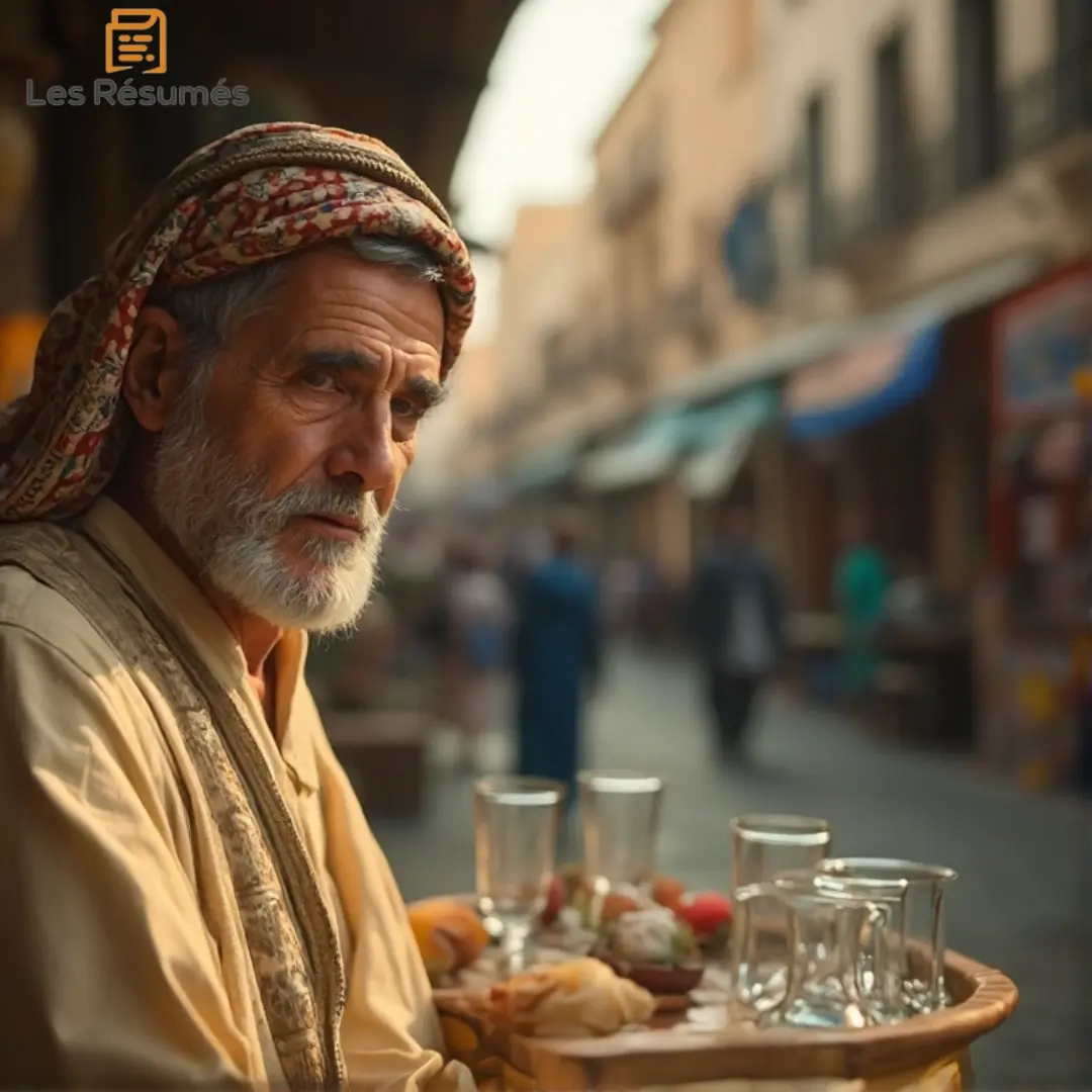 Photographie du marchand de cristaux dans L'Alchimiste. Un hhomme âgé au regard mélancolique, portant un turban et une tunique traditionnelle, derrière un étal rempli de verres scintillants dans un marché animé.. 