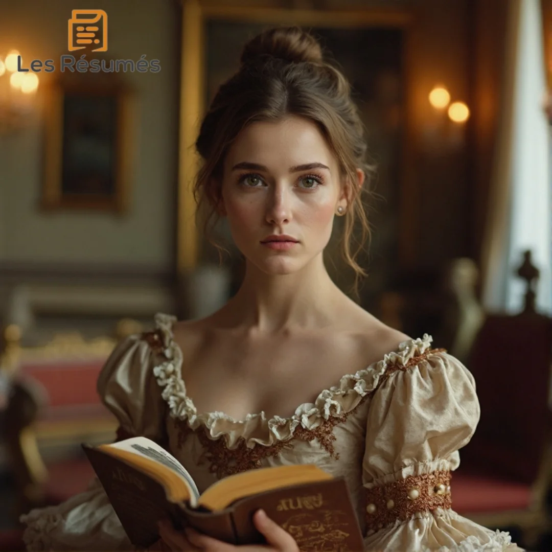 Cathos, la cousine de Magdelon dans Les Précieuses Ridicules, concentrée sur sa lecture dans un salon d’époque. 