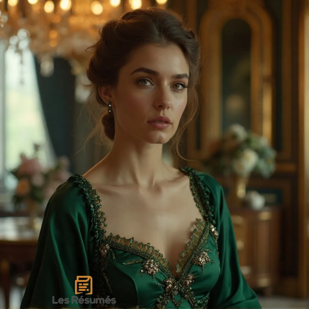 Photo de Renée dans un salon mondain parisien avec une robe verte brodée et élégante. 