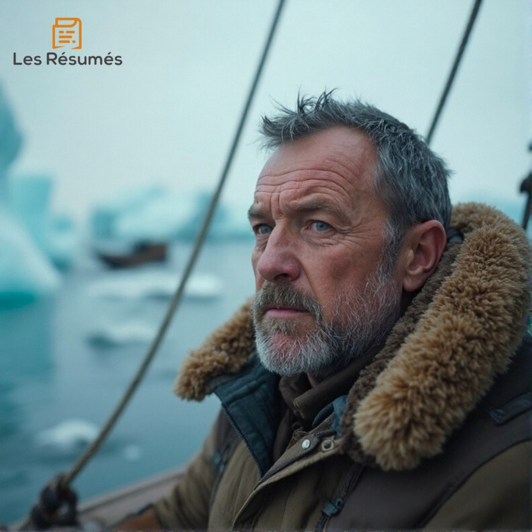 Jean Cornute, visage marqué par le froid, menant l’équipage à travers l’hiver arctique pour retrouvé son fils.