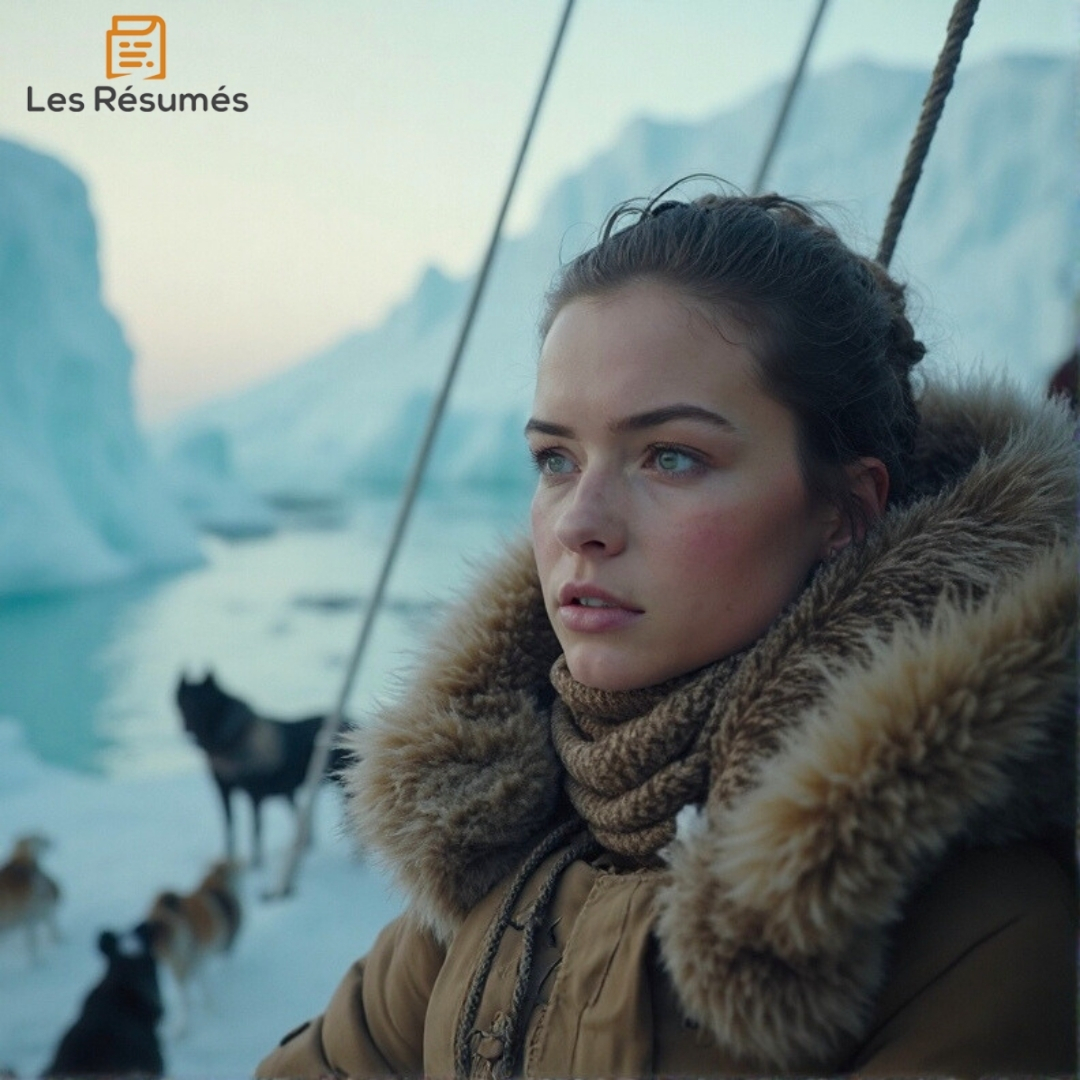 Marie Cornbutte, le regard déterminé, enveloppée dans un manteau de fourrure, espérant retrouver son fiancé disparu dans Un Hivernage dans Les Glaces.