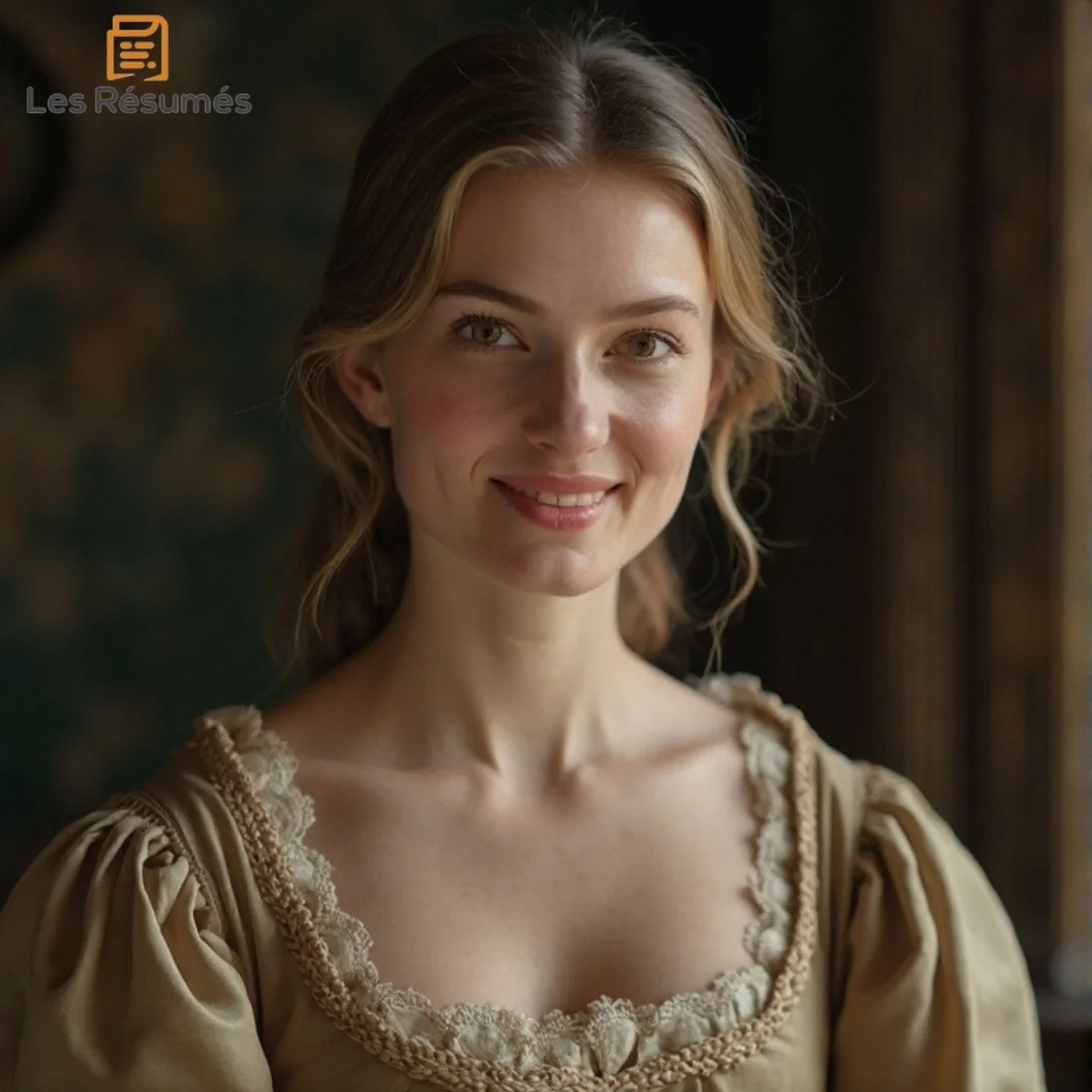 Une jeune femme élégante et souriante, portant une robe raffinée. Elle incarne Mademoiselle de Saint-Yves, amoureuse de l’Ingénu et figure de tragédie.