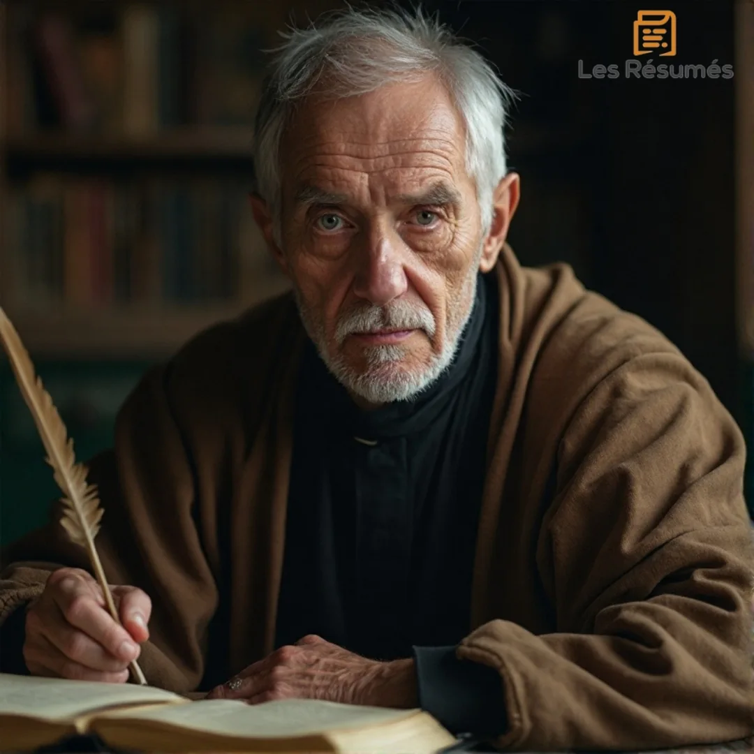 Un vieil homme aux traits sévères, vêtu d’une robe sobre, écrivant avec une plume. Il représente Gordon, le janséniste qui devient le mentor de l’Ingénu en prison.