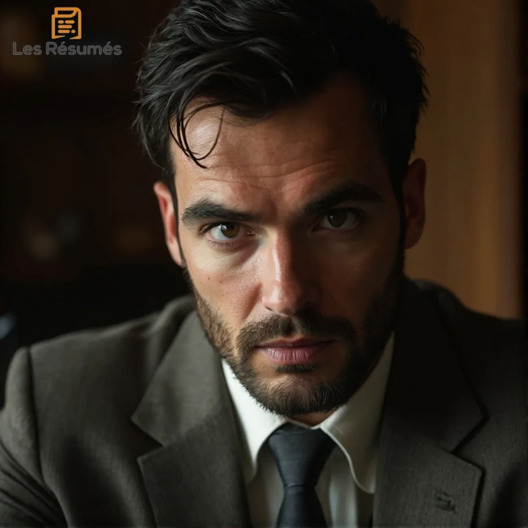 Un homme élégant au regard perçant, vêtu d’un costume sombre. Il incarne Philippe Rémy, l'ouvrier robuste et bienveillant qui deviendra le père de Simon.