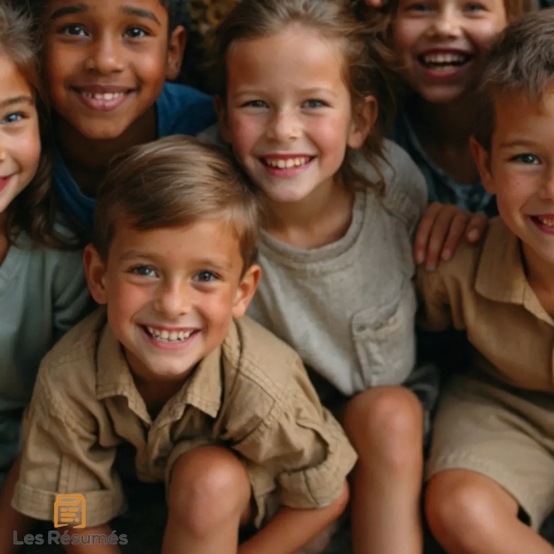 Un groupe d'enfants souriants, réunis avec joie. Ils représentent les camarades de Simon, qui le raillent puis finissent par l’accepter.
