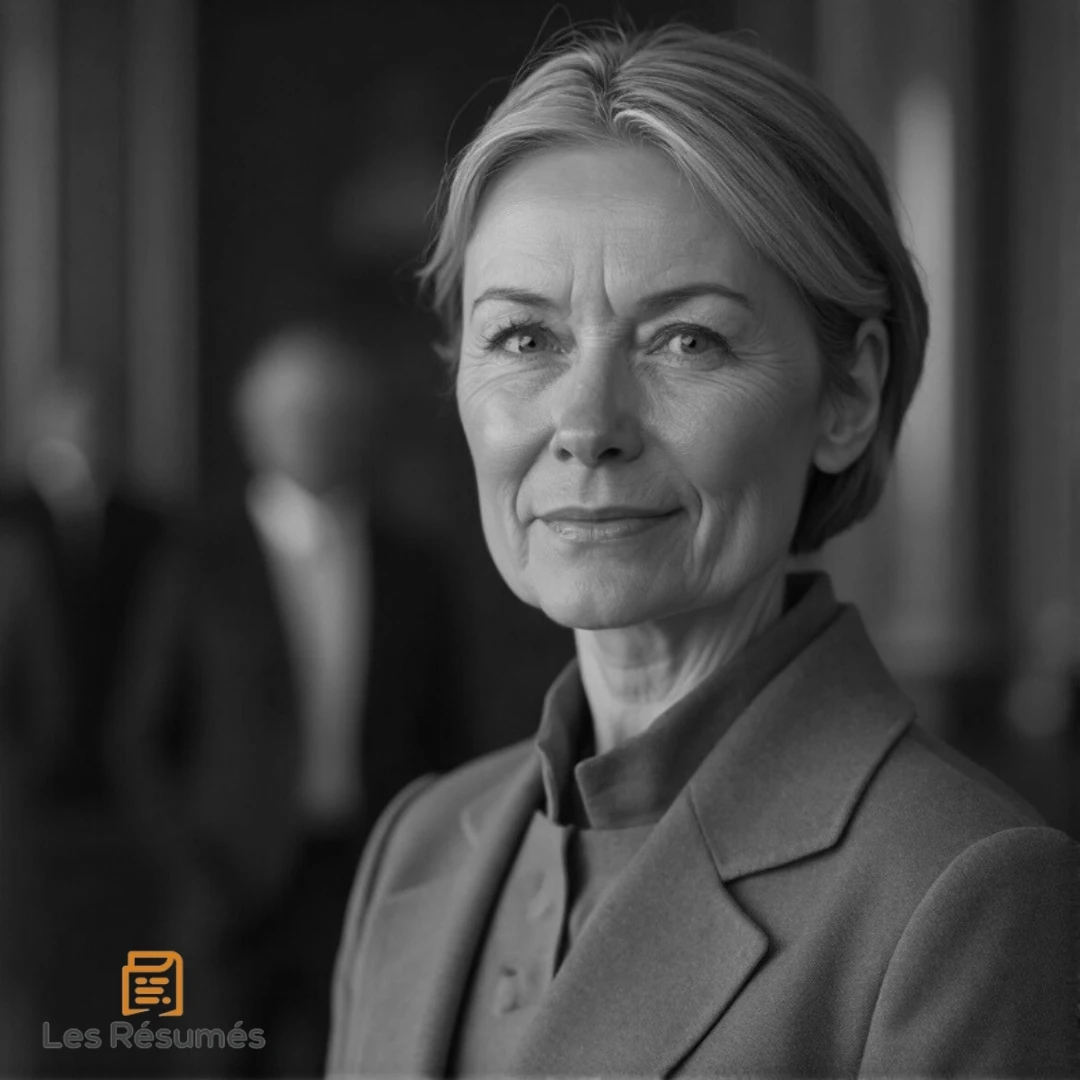 Une femme d'âge mûr, au regard déterminé, portant un costume strict. Elle incarne le Chef du Conseil, autorité suprême de la communauté dans Le Passeur.