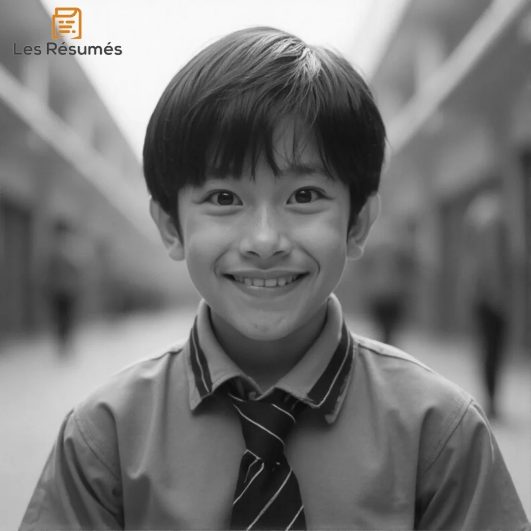 Un jeune garçon souriant, vêtu d’un uniforme scolaire avec une cravate. Il incarne Asher, l'ami de Jonas, joyeux et insouciant.