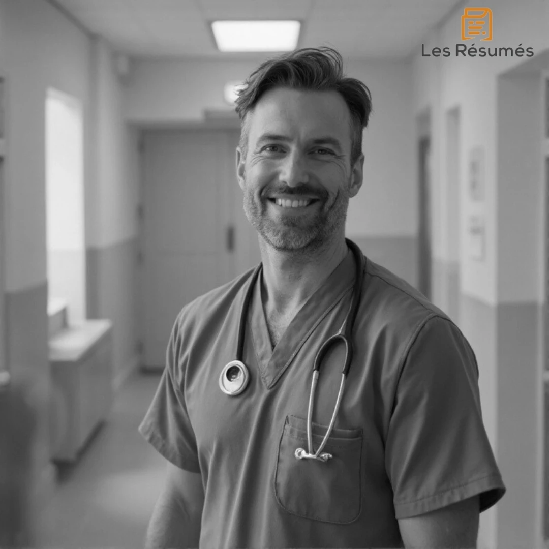 Un homme souriant en tenue de médecin, un stéthoscope autour du cou. Il incarne le Père de Jonas, dans Le Passeur, responsable des nourrissons dans la communauté.