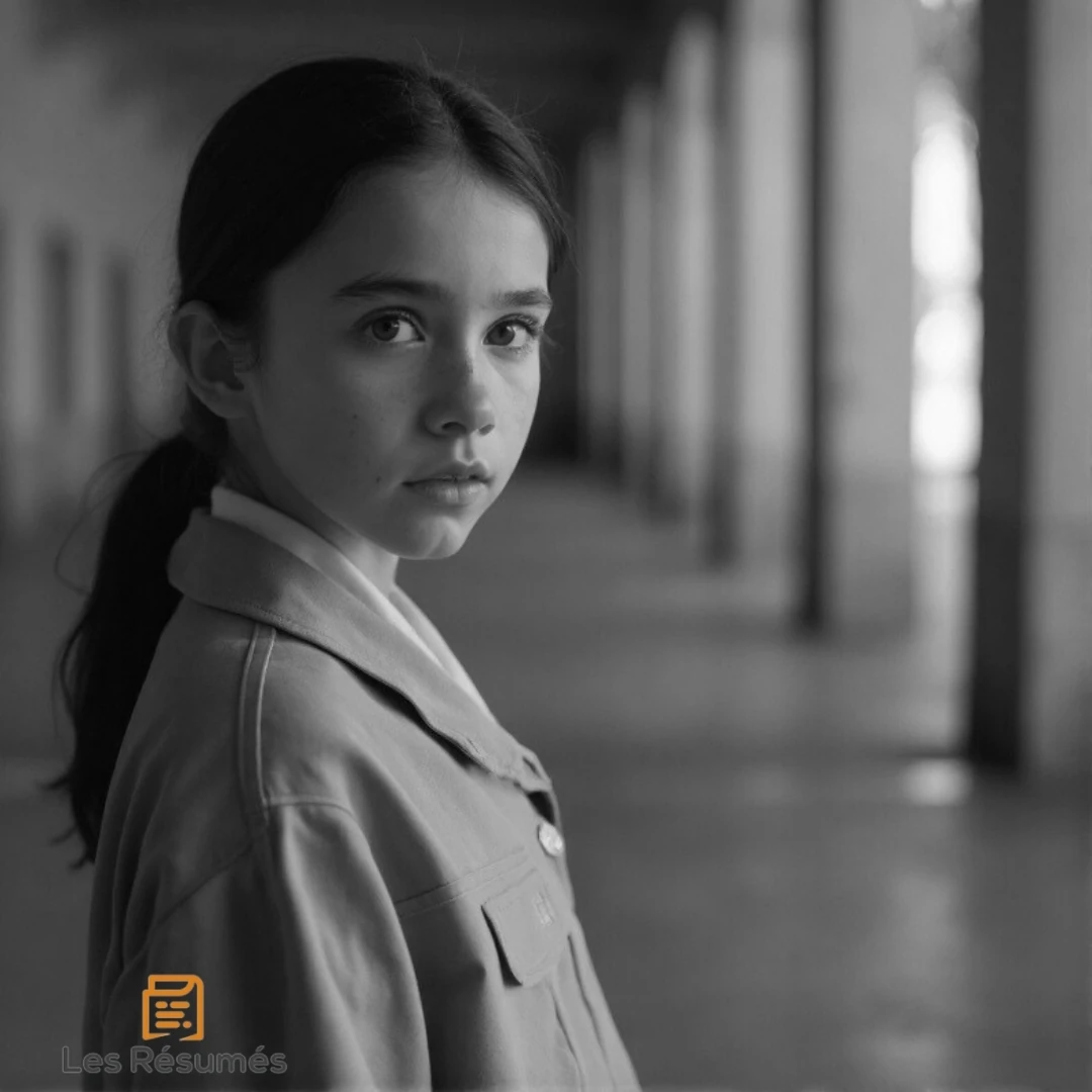 Une jeune fille aux traits sérieux, vêtue sobrement, se tenant dans un couloir. Elle représente Fiona, l’amie de Jonas, douce et bienveillante dans Le Passeur.