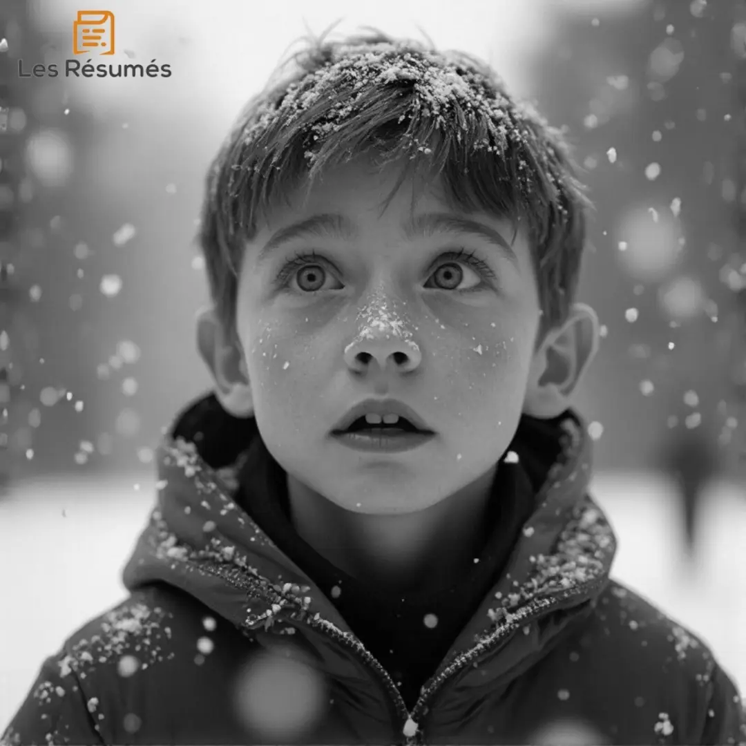 Un garçon aux cheveux en bataille, vêtu d'un manteau, regardant la neige tomber. Il représente Jonas, le protagoniste découvrant la vérité sur son monde dans Le Passeur.