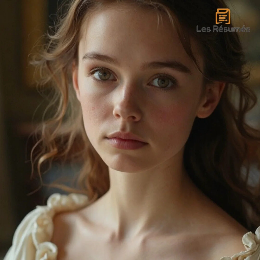 Jeune fille brune au regard mélancolique. Elle incarne Dea, douce et fragile, vivant dans l’ombre de son destin.