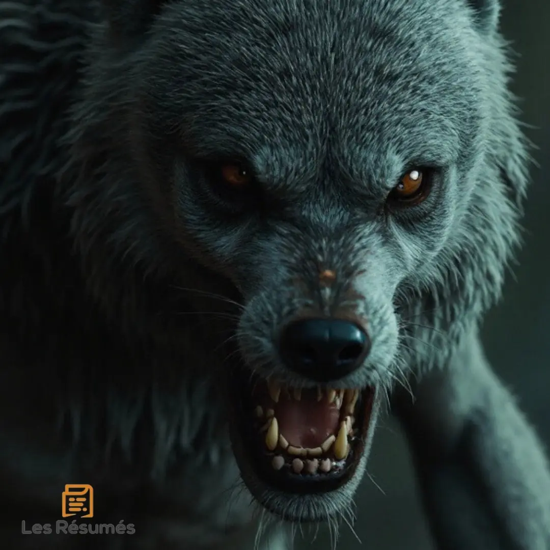 Photo d'un loup au regard féroce et crocs dévoilés. Il s'agit d'Homo, qui accompagne Ursus.