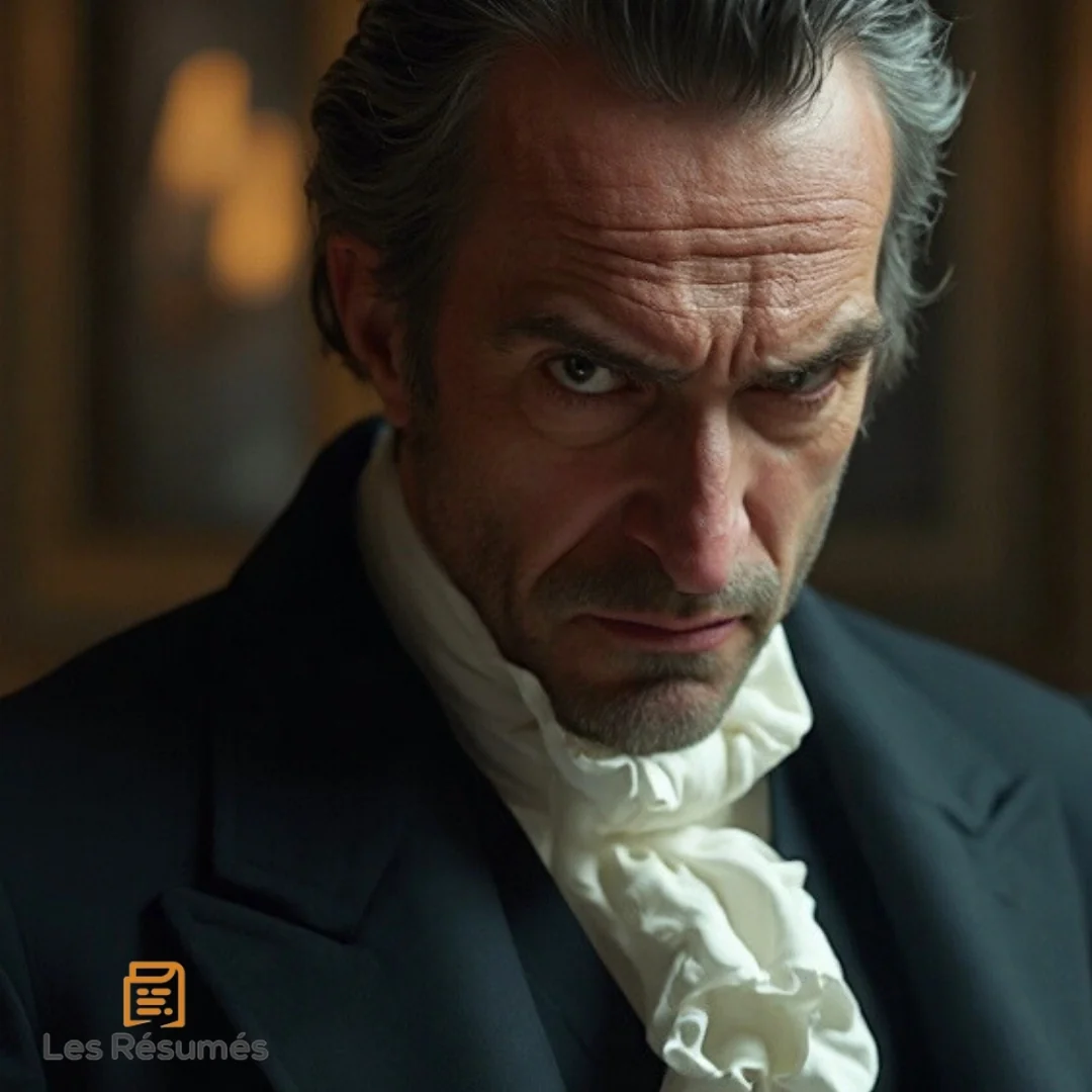 Homme au regard menaçant en habit noir incarnant Barkilphedro, manipulateur cruel et serviteur du pouvoir dans L'Homme qui rit.