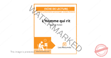 En-tête du dossier de lecture analytique sur L'Homme qui rit de Victor Hugo comprenant une synthèse, un tableau des acteurs, et une réflexion.