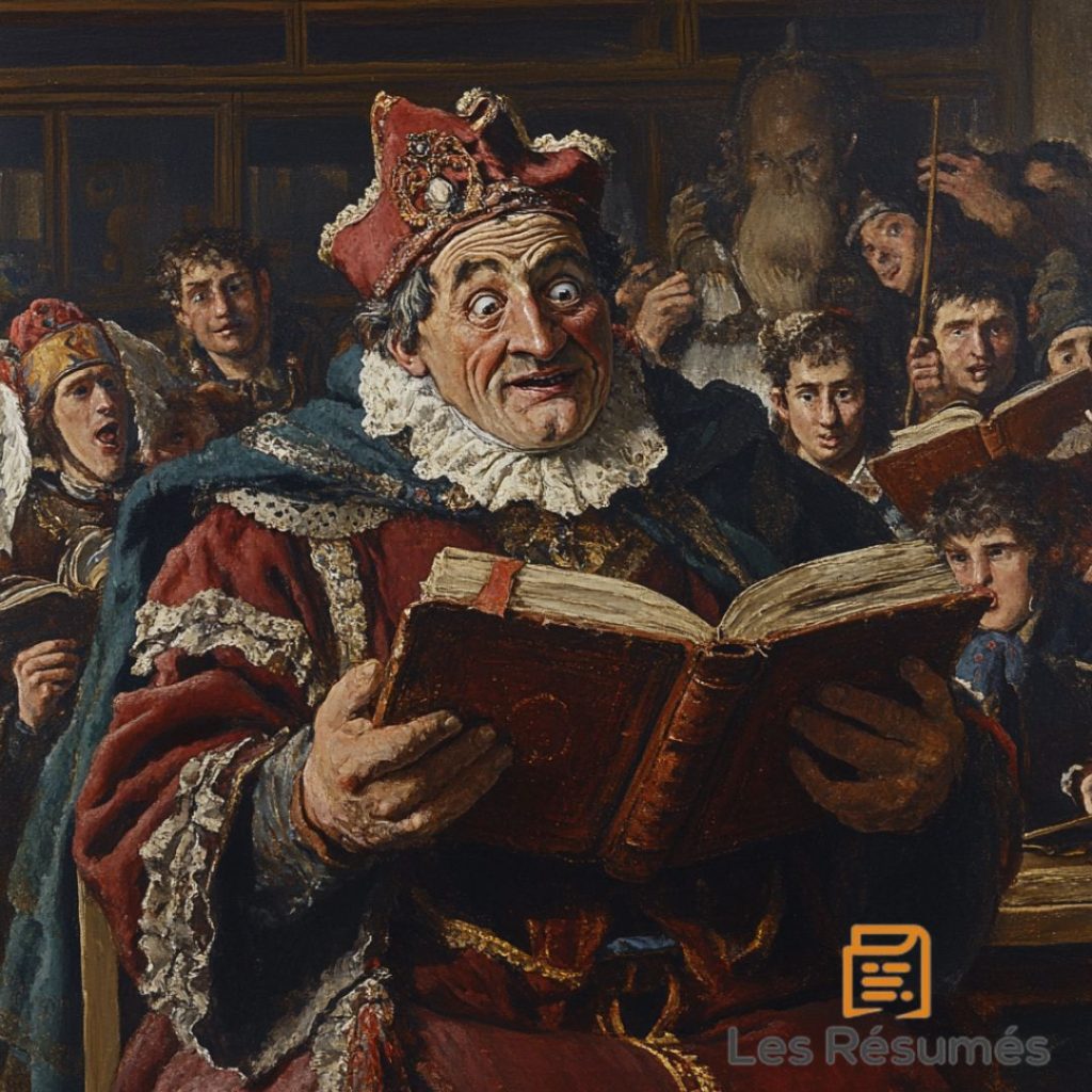 Illustration de Thubal Holoferne en habit médiéval rouge, tenant un livre ancien et lisant avec un regard expressif, entouré d’étudiants fascinés dans une salle de classe animée.