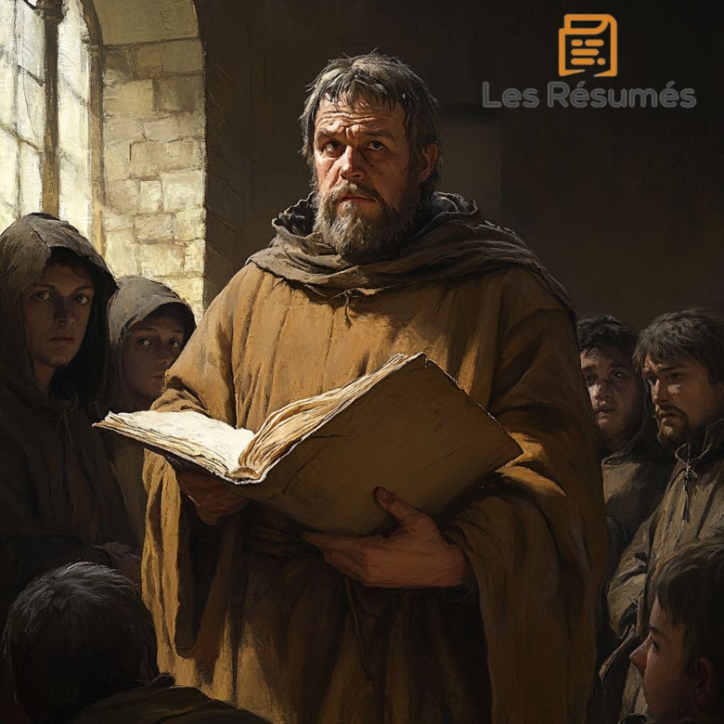 Image de Jobelin Bridé vêtu d’une robe simple, tenant un manuscrit ouvert devant un groupe de jeunes novices dans une église à l’atmosphère sobre et solennelle.