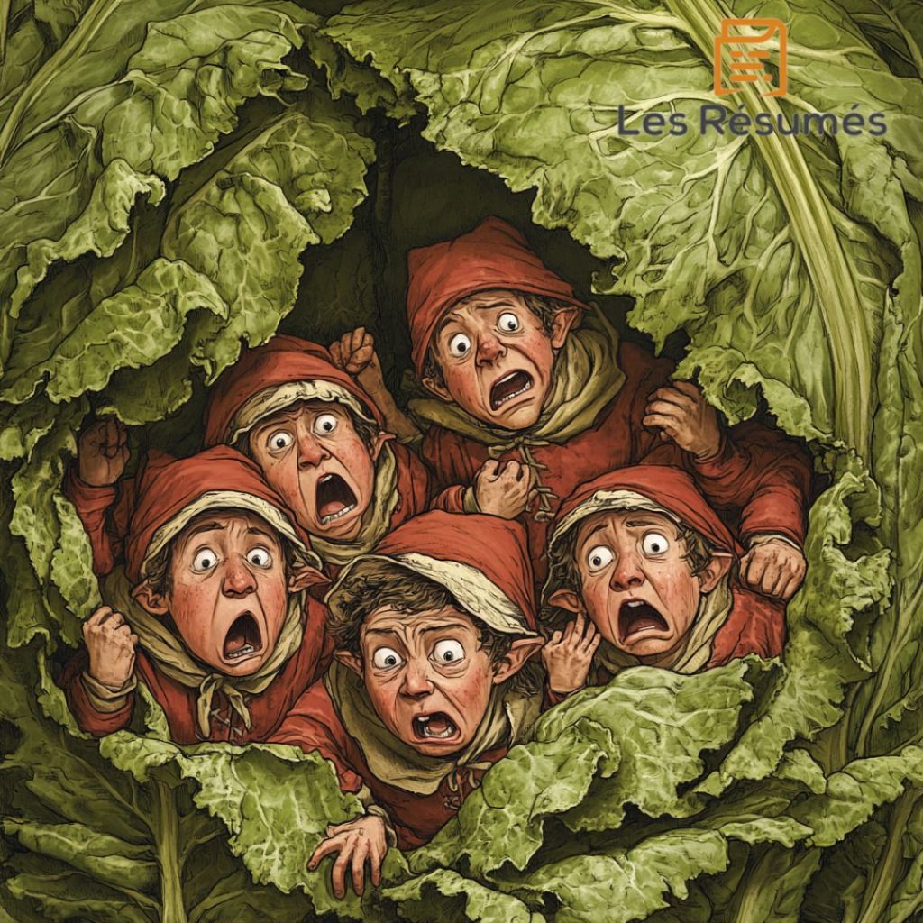 Un groupe de 6 pélerins burlesques, vêtus de capes rouges, se cachant dans des feuilles de chou avec des expressions de surprise et de peur, évoquant une scène humoristique et farfelue.