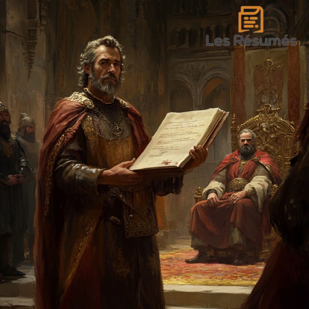 Illustration d'Ulrich Gallet, tenant un parchemin avec gravité, devant un roi assis sur un trône richement décoré dans une grande salle de palais.