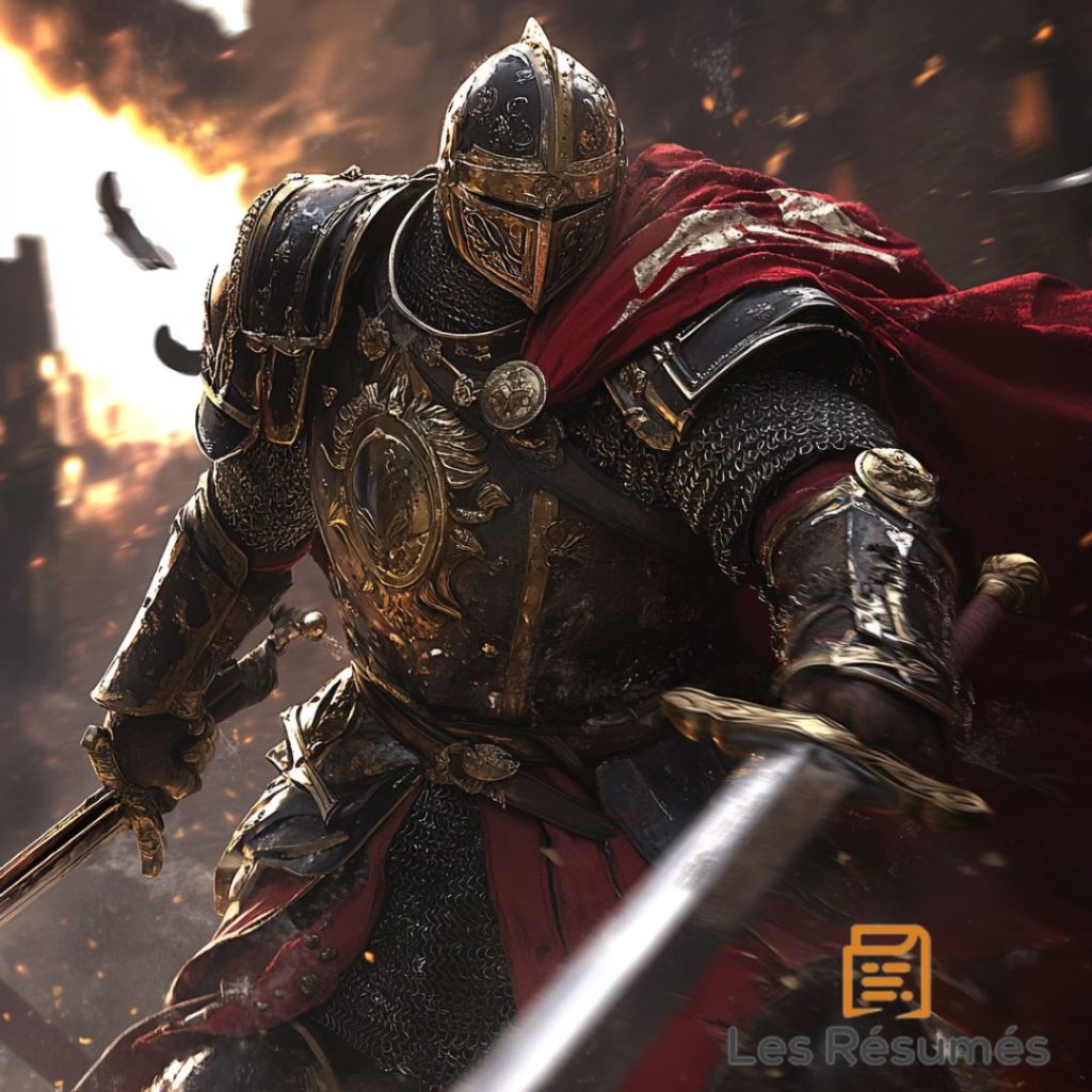 Illustration de Tripet imposant dans une armure sombre ornée de détails dorés, brandissant son épée dans une scène de combat dramatique avec des flammes en arrière-plan.