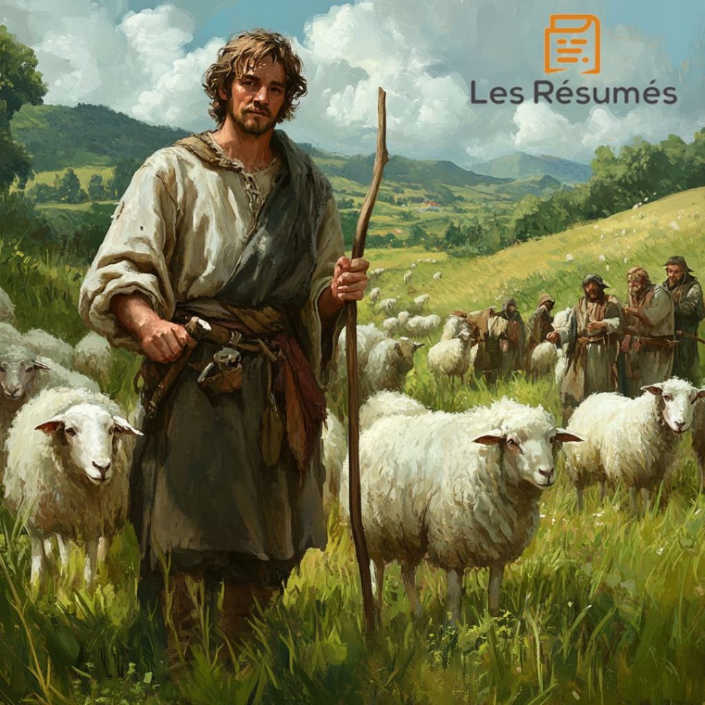 Image de Frogier un berger au visage serein, vêtu de vêtements rustiques, tenant un bâton au milieu de son troupeau de moutons dans une prairie verdoyante et ensoleillée.