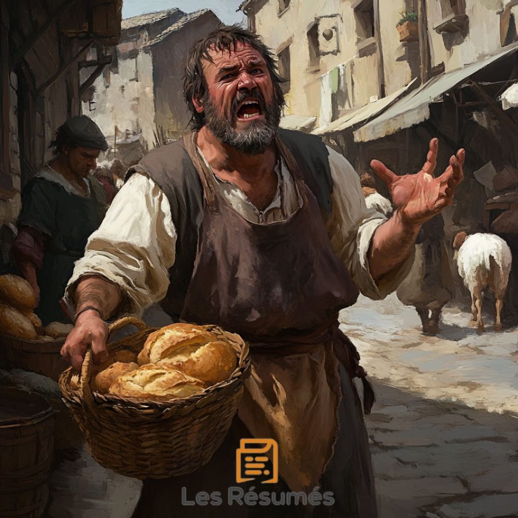 Illustration de Marquet, le vendeur de fouaces, tenant un panier rempli de pains dorés, criant au milieu d’un marché animé de village médiéval.