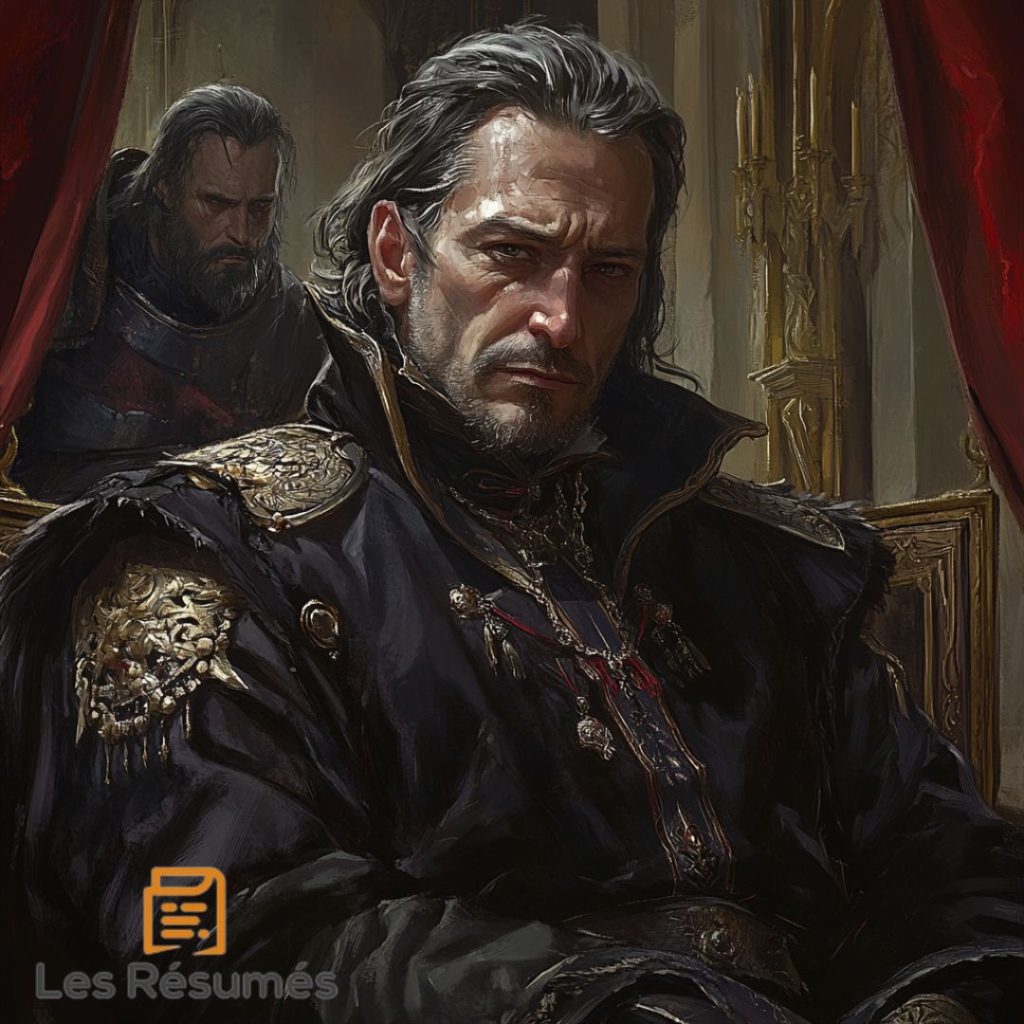 Illustration d'Hastiveau, un conseiller de Picrochole, vêtu de noir avec des ornements dorés, affichant un regard grave dans une pièce ornée de draperies rouges, avec un second personnage en arrière-plan.