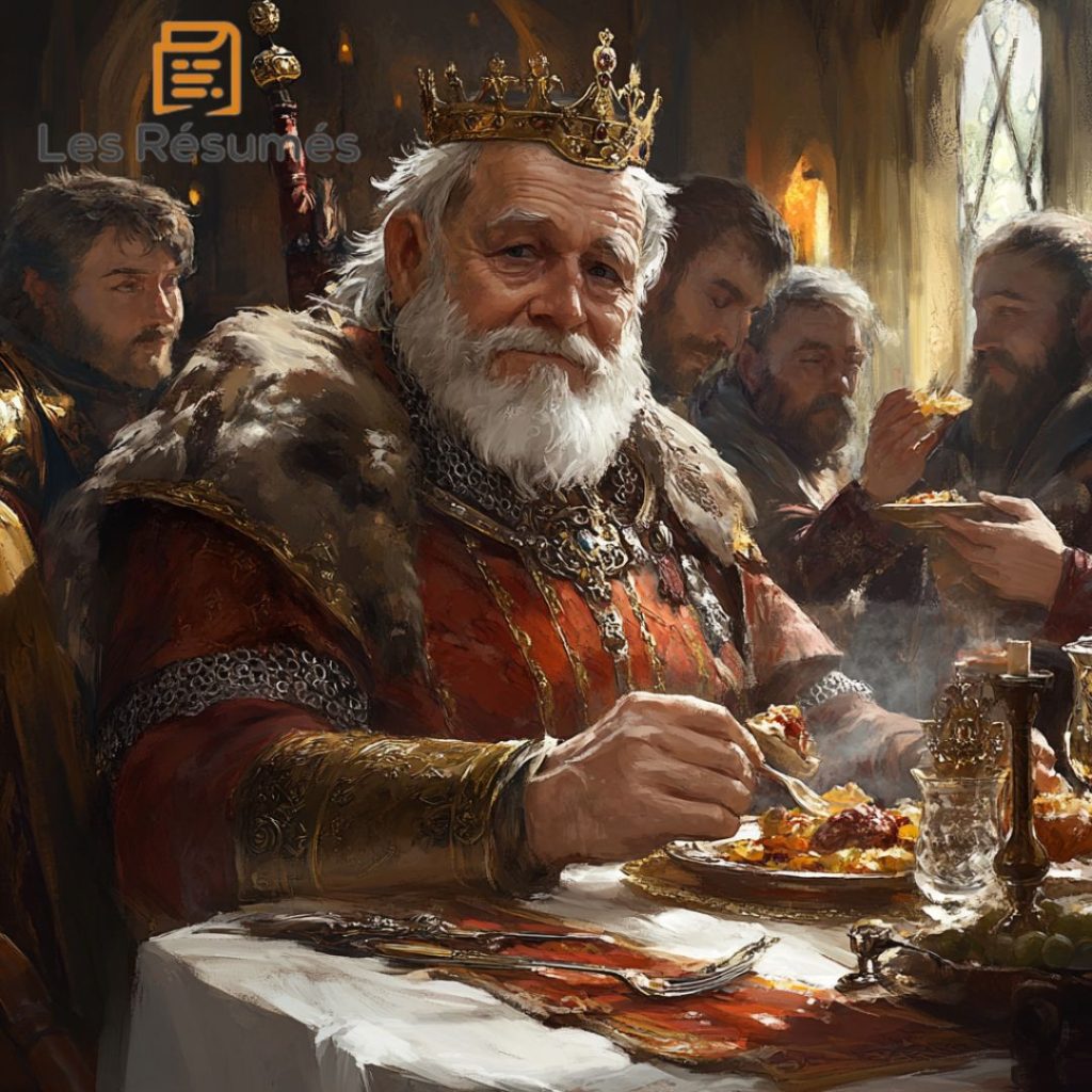 Illustration de Grandgousier, le père de Gargantua, couronné, à la barbe blanche, vêtu de riches vêtements rouges et dorés, partageant un repas somptueux avec ses conseillers dans une salle de banquet luxueuse.
