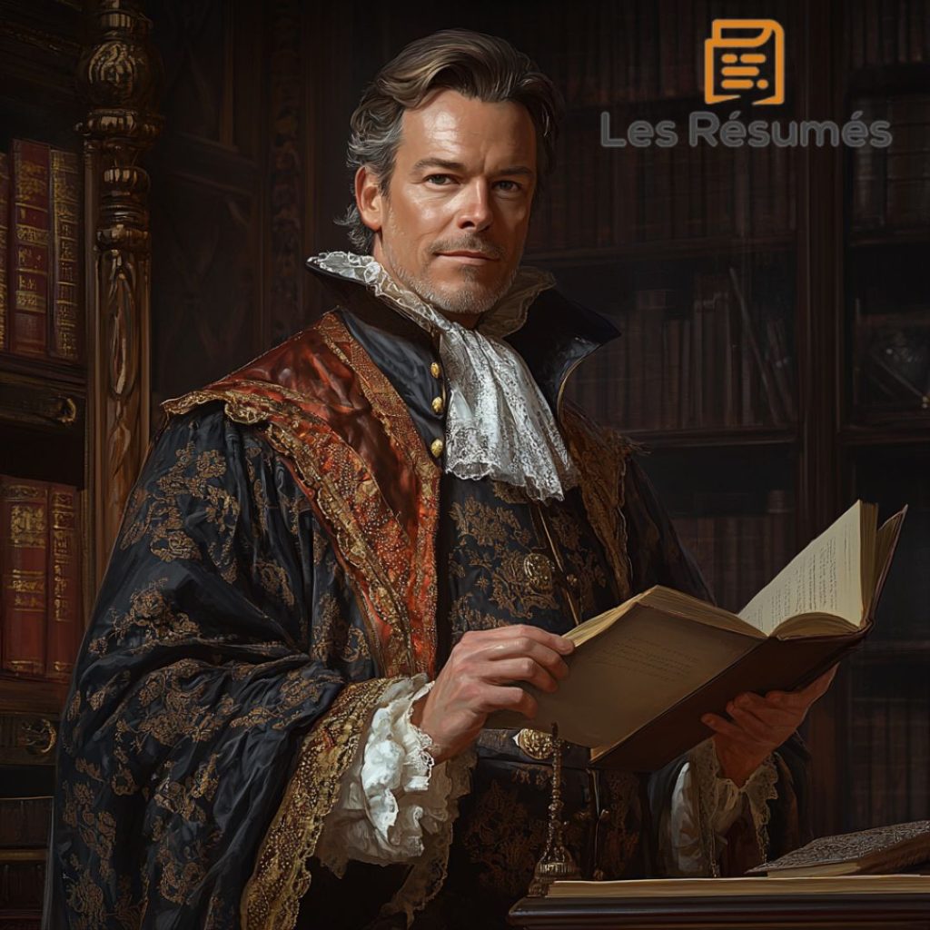 Illustration de Ponocrates, un érudit de la Renaissance en habit richement décoré, tenant un livre ouvert dans une grande bibliothèque, incarnant la sagesse et le savoir.