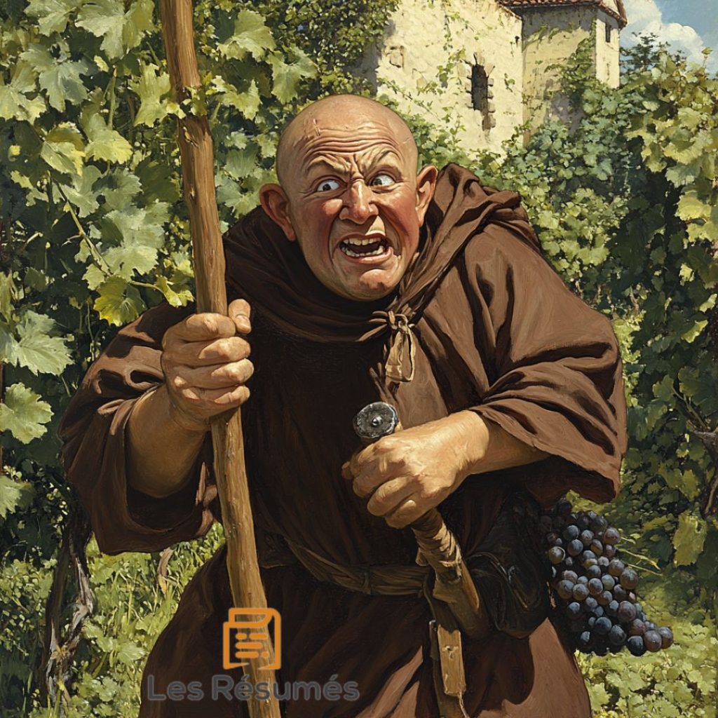 Image de Frère Jean, tenant un bâton et un grappillon de raisin, exprimant un mélange de colère et de surprise dans un décor de vignoble.