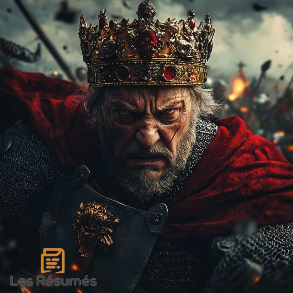 Illustration de Picrochole, un roi furieux, revêtu d'une armure imposante et d'une cape rouge, son visage marqué par la colère, au milieu d'une scène de bataille dramatique.