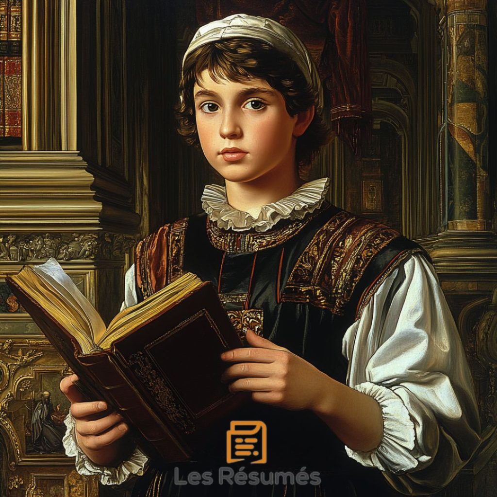 Image d'Eudémon en costume de l'époque Renaissance, tenant un livre ancien, avec un regard sérieux et curieux dans une bibliothèque historique.