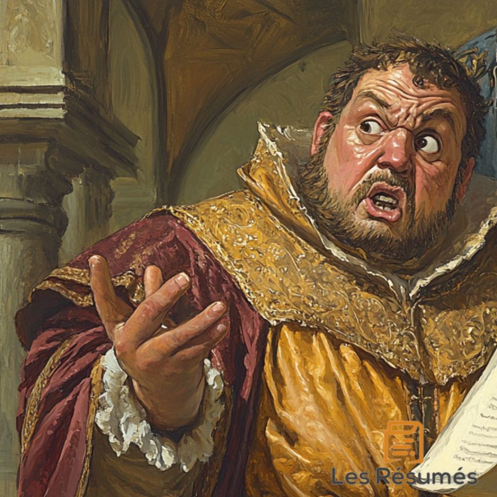 Illustration de Janotus de Bragmardo en habit doré avec un air exagérément expressif, lisant un livre devant une foule enthousiaste et intriguée.