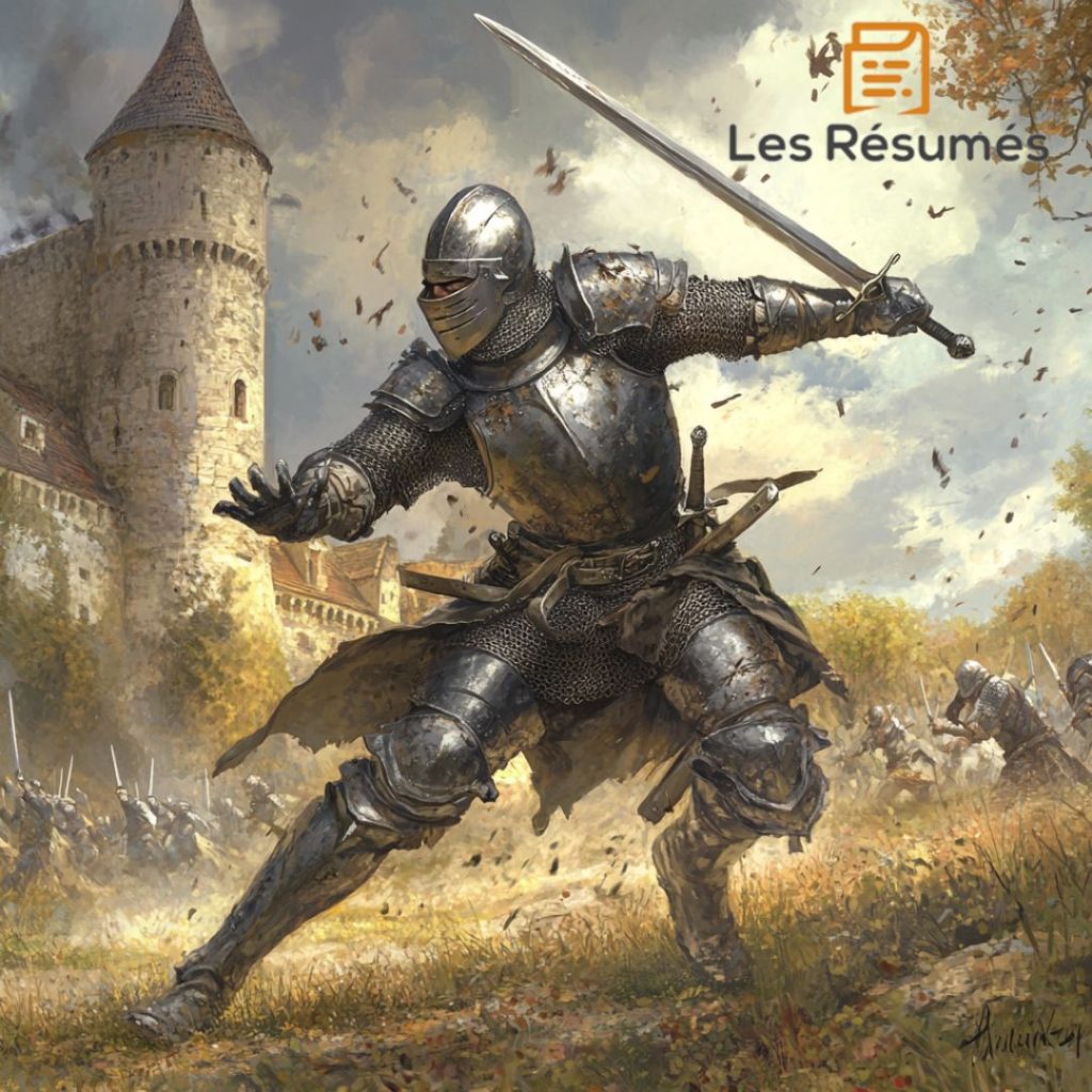 Image de Gymnaste en armure complète, brandissant une épée, dans un paysage médiéval marqué par un château et une scène de combat animée dans Gargantua.