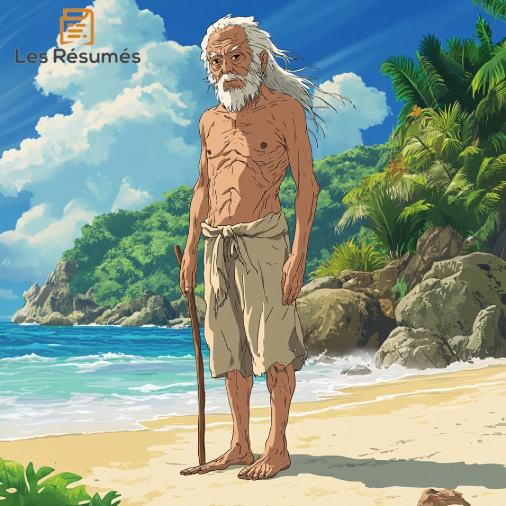 Illustration de Kensuké sur son ile. 