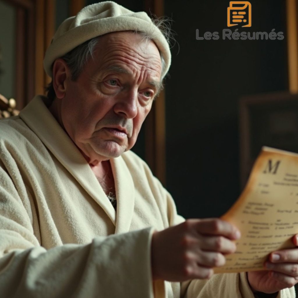Photographie d'Argan, le malade imaginaire, en train de lire son ordonnance médicale dans son lit.